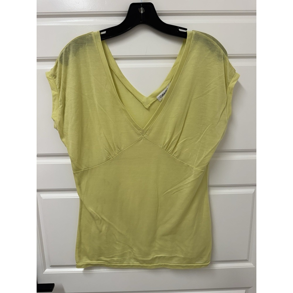 Calvin Klein Womens Sleeveless Vneck Blouse Yellow Green Small Tencel Lyocell